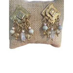 Vintage Ornate Gold Tone Earrings 3D Acrylic Bead Dangles Estate 1.5" 10.77g